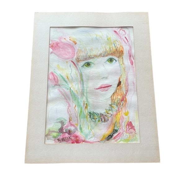 Hand Crafted Other - Watercolor Portrait Boho Girl Woman Signed Ester L Felix Dated 1991 Boston